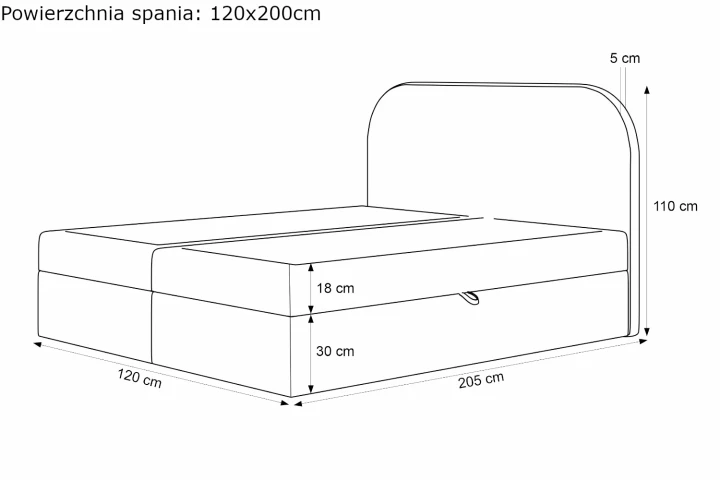 Łóżko kontynentalne z pojemnikiem na pościel Lunaro wymiary 120