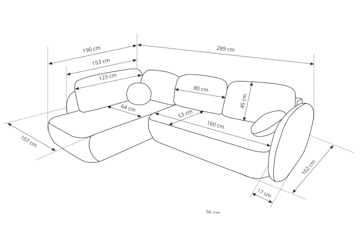 Narożnik do salonu z funkcją spania Mochi wymiary