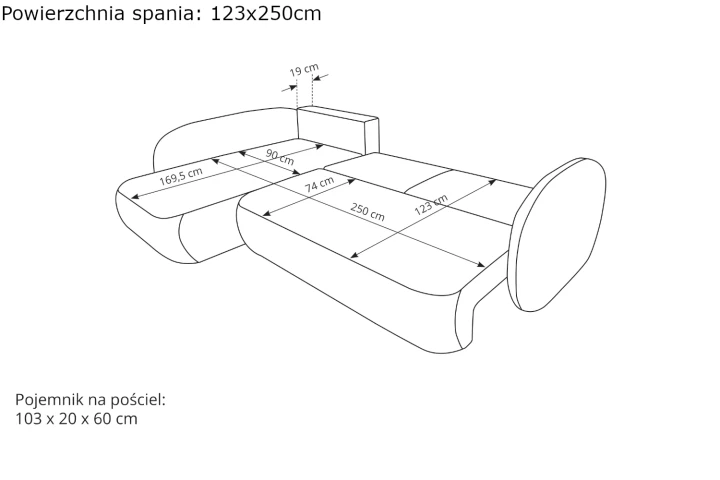 Narożnik do salonu z funkcją spania Mochi wymiary