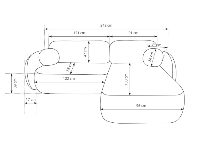 Narożnik L z funkcją spania i pojemnikiem Mochi wymiary