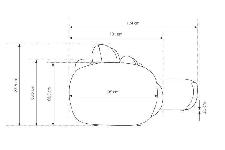 Narożnik L z funkcją spania i pojemnikiem Mochi wymiary