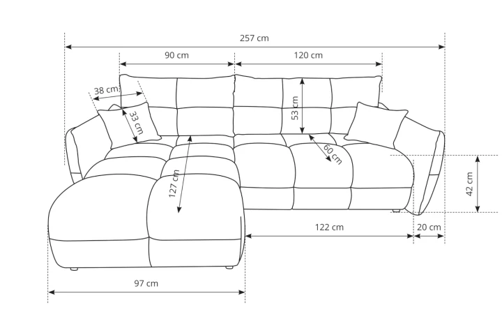 Narożnik Nubi L uniwersalny z funkcją spania i pojemnikiem wymiary