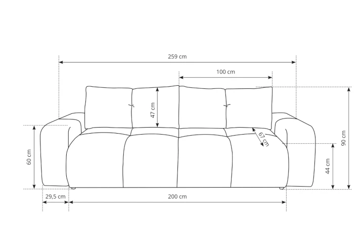 Sofa z funkcją spania i pojemnikiem na pościel Mellow wymiary