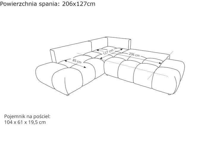 Narożnik z funkcją spania i pojemnikiem na pościel Mellow wymiary