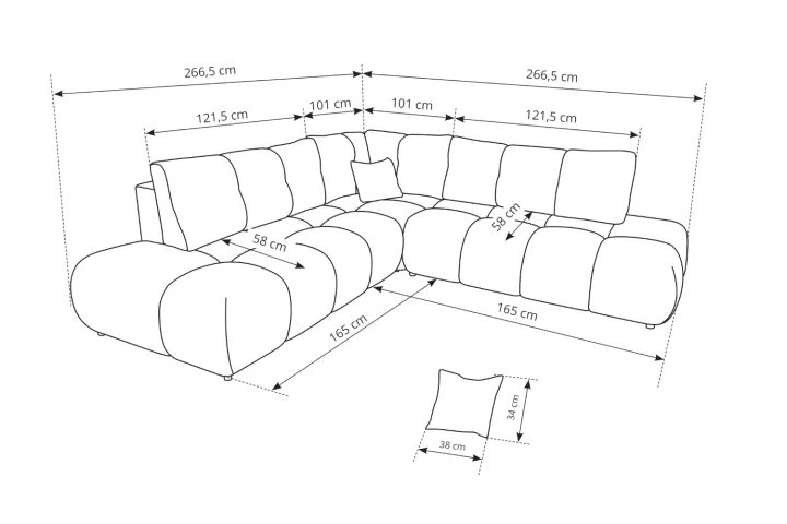 Narożnik z funkcją spania i pojemnikiem na pościel Mellow wymiary
