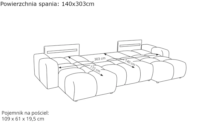 Narożnik U z funkcją spania i pojemnikiem na pościel Mellow wymiary
