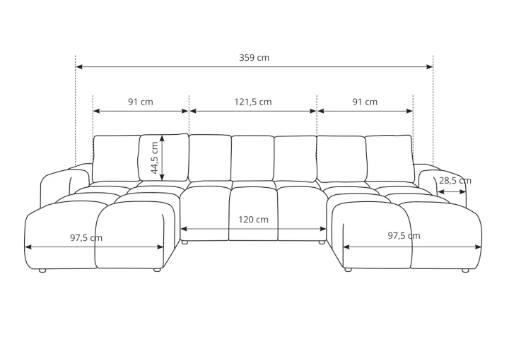 Narożnik U z funkcją spania i pojemnikiem na pościel Mellow wymiary