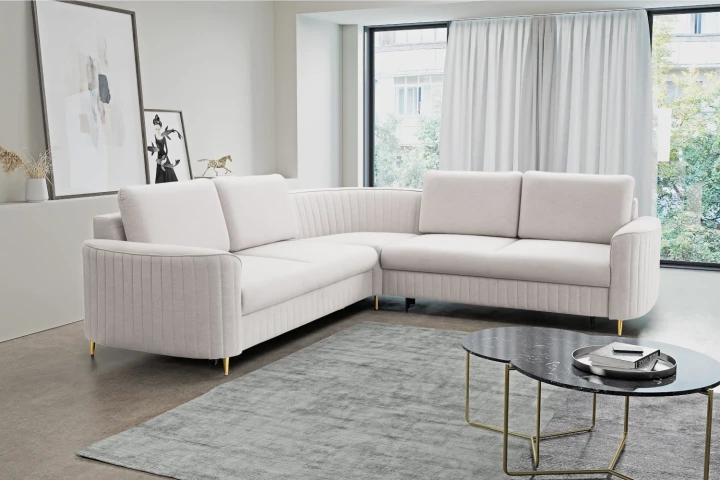 Narożnik L z funkcją spania i pojemnikiem na pościel Elara Kremowy