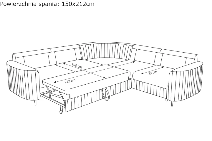 Narożnik L z funkcją spania i pojemnikiem na pościel Elara wymiary