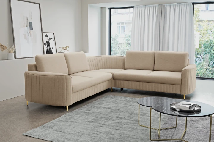 Narożnik L z funkcją spania i pojemnikiem na pościel Elara Ciemny Beż