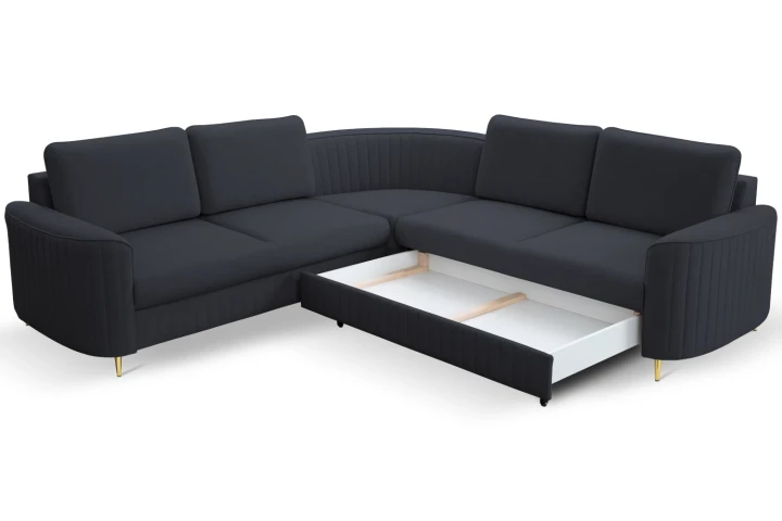 Narożnik L z funkcją spania i pojemnikiem na pościel Elara Ciemny Niebieski