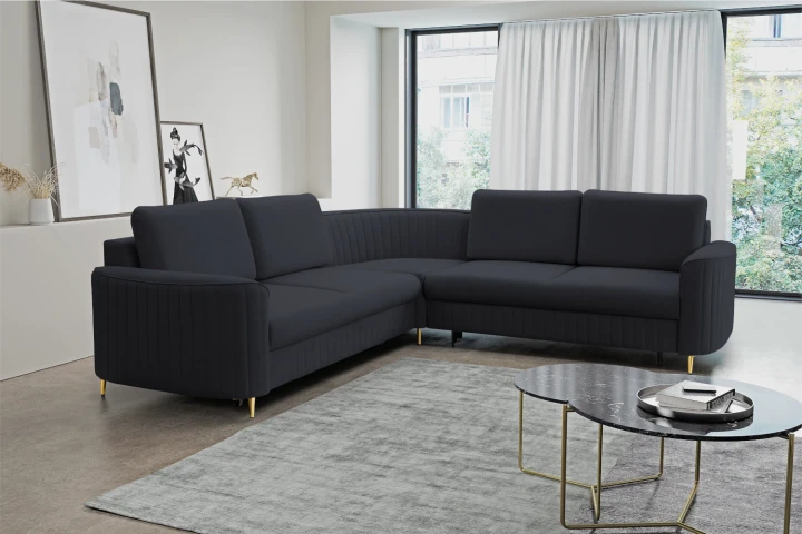 Narożnik L z funkcją spania i pojemnikiem na pościel Elara Ciemny Niebieski