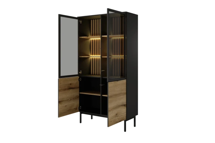 Witryna wysoka Largo z oświetleniem Dąb Evoke Czarny