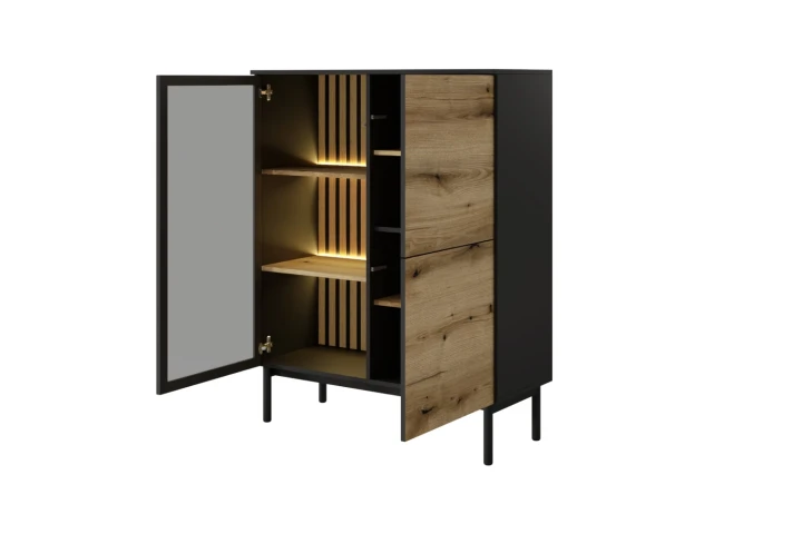 Witryna niska Largo z oświetleniem Dąb Evoke Czarny