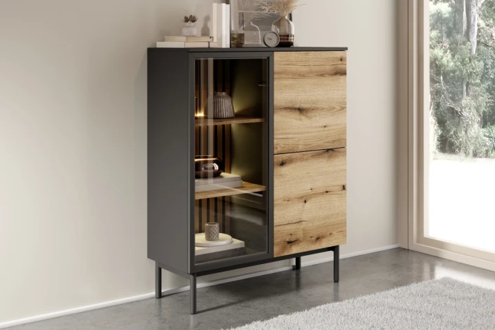 Witryna niska Largo z oświetleniem Dąb Evoke Czarny