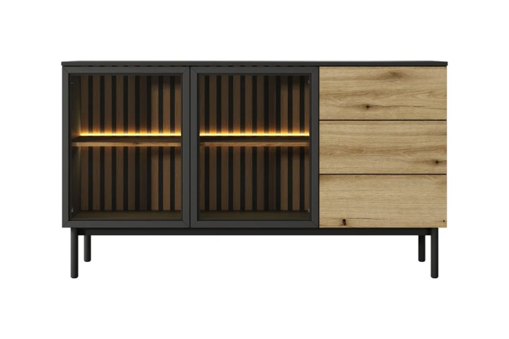 Komoda Largo 150 cm z drzwiczkami i szufladami Dąb Evoke Czarny