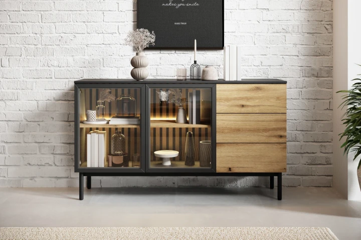 Komoda Largo 150 cm z drzwiczkami i szufladami Dąb Evoke Czarny