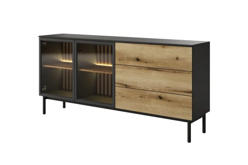 Komoda Largo 180 cm z drzwiczkami i szufladami Dąb Evoke Czarny