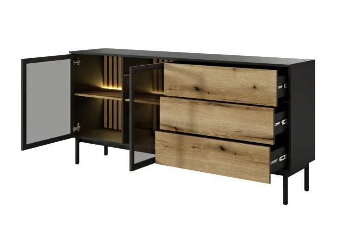 Komoda Largo 180 cm z drzwiczkami i szufladami Dąb Evoke Czarny