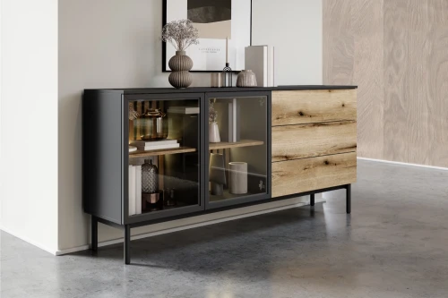 Komoda Largo 180 cm z drzwiczkami i szufladami Dąb Evoke Czarny