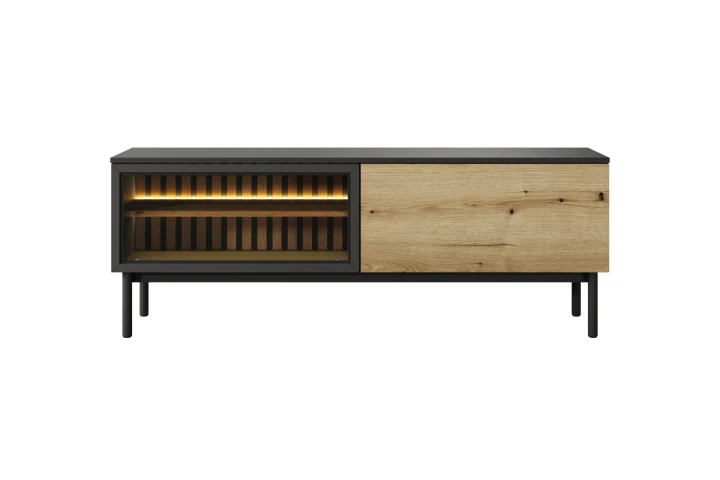 Szafka RTV Largo 150 cm z drzwiczkami i oświetleniem Dąb Evoke Czarny