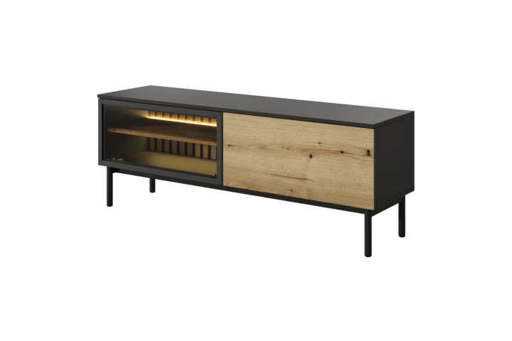 Szafka RTV Largo 150 cm z drzwiczkami i oświetleniem Dąb Evoke Czarny