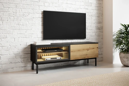 Szafka RTV Largo 150 cm z drzwiczkami i oświetleniem Dąb Evoke Czarny