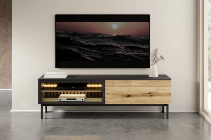 Szafka RTV Largo 180 cm z drzwiczkami i oświetleniem Dąb Evoke Czarny