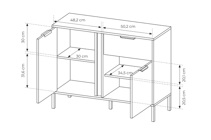 Wąska komoda z drzwiami i szufladą Axis wymiary