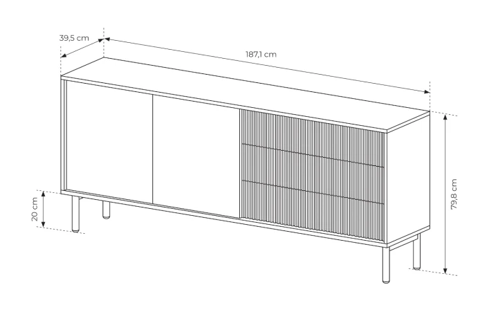 Komoda dwudrzwiowa z szufladami 187 cm Nore wymiary