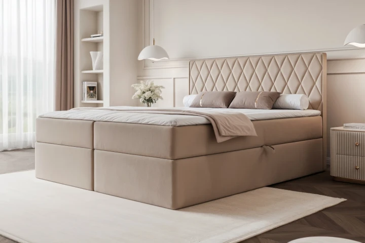 Łóżko kontynentalne z pojemnikiem na pościel Royal Szaro-beżowy