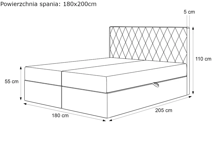 Łóżko kontynentalne z pojemnikiem na pościel Royal wymiary 180