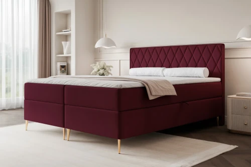 Łóżko kontynentalne z nóżkami i pojemnikiem na pościel Royal Bordowy