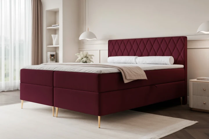 Łóżko kontynentalne z nóżkami i pojemnikiem na pościel Royal Bordowy