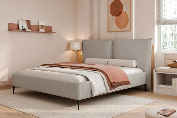 Łóżko tapicerowane do sypialni z pojemnikiem na pościel Lento Szaro-beżowy