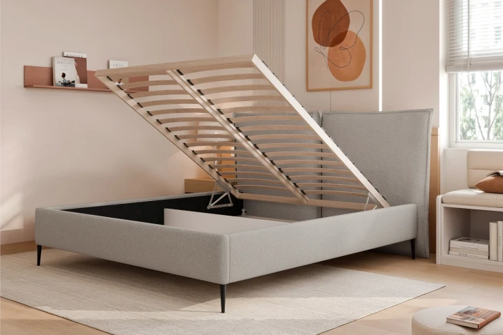 Łóżko tapicerowane do sypialni z pojemnikiem na pościel Lento z drewnianym stelażem