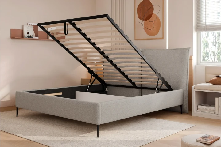 Łóżko tapicerowane do sypialni z pojemnikiem na pościel Lento z metalowym stelażem