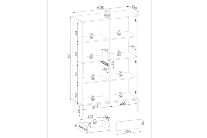 Witryna loftowa wysoka Linea z oświetleniem LED wymiary
