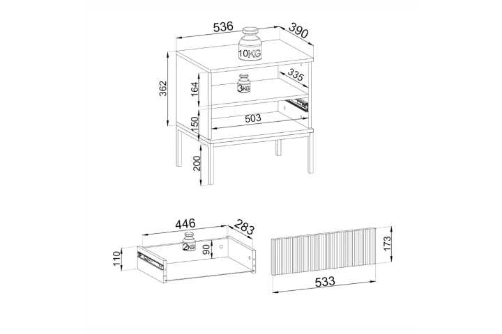 Stolik nocny Linea z szufladą i oświetleniem LED wymiary