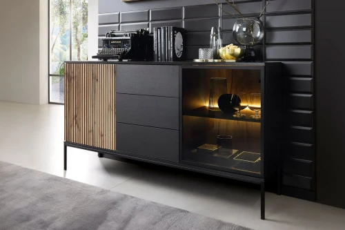 Komoda loftowa Linea z drzwiami i szufladami oraz oświetleniem LED Dąb Wotan