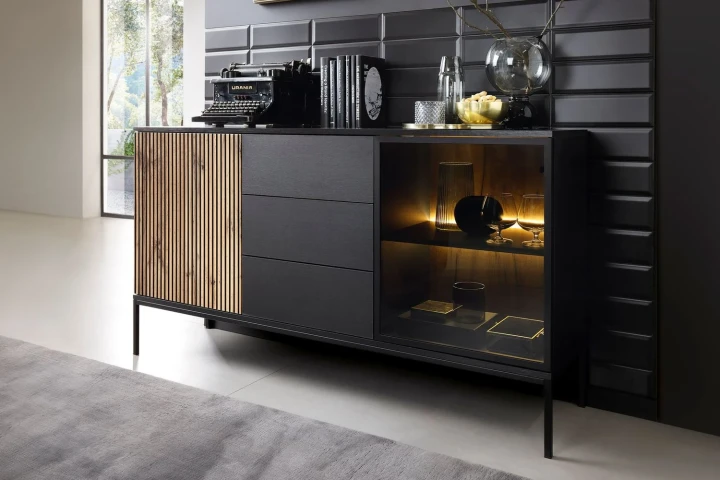 Komoda loftowa Linea z drzwiami i szufladami oraz oświetleniem LED Dąb Wotan