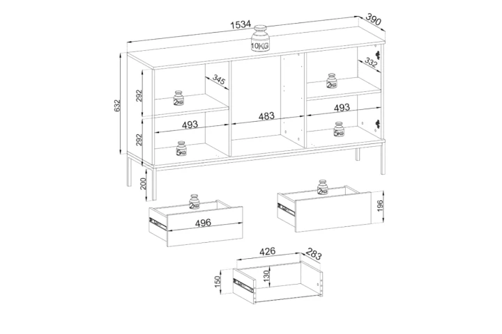 Komoda loftowa Linea z drzwiami i szufladami oraz oświetleniem LED wymiary