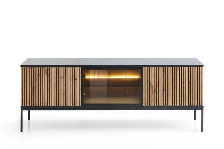 Szafka RTV loftowa Linea z drzwiczkami i oświetleniem LED Dąb Wotan