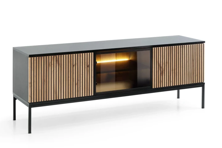 Szafka RTV loftowa Linea z drzwiczkami i oświetleniem LED Dąb Wotan