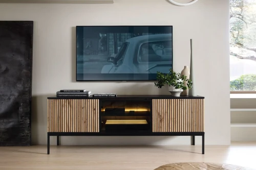 Szafka RTV loftowa Linea z drzwiczkami i oświetleniem LED Dąb Wotan