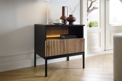 Stolik nocny loftowy Linea z szufladą i oświetleniem LED Dąb Wotan