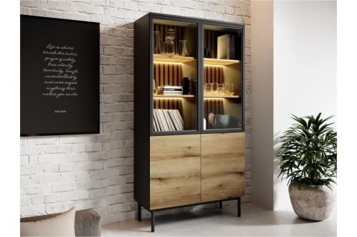 Witryna wysoka Largo z oświetleniem Dąb Evoke Czarny