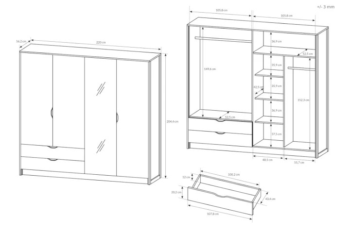 Szafa 220 cm czterodrzwiowa z szufladami Spark wymiary