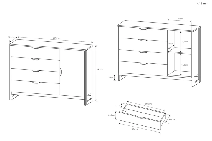 Komoda loftowa 138 cm z drzwiczkami i szufladami Spark wymiary