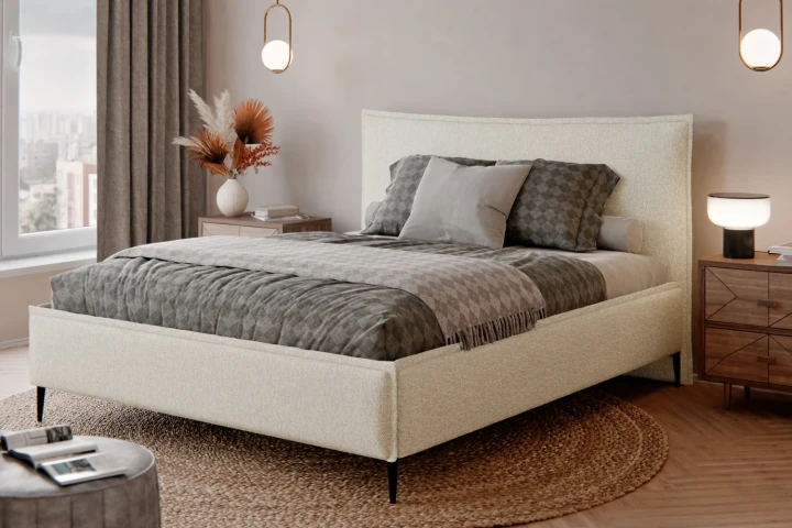 Łóżko tapicerowane do sypialni z pojemnikiem na pościel Vera Ecru